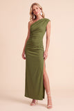 One Shoulder Coffee Sheath Ruched Maxi Formal Dress With Slit