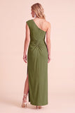 One Shoulder Coffee Sheath Ruched Maxi Formal Dress With Slit