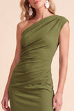 One Shoulder Coffee Sheath Ruched Maxi Formal Dress With Slit