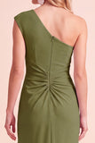 One Shoulder Coffee Sheath Ruched Maxi Formal Dress With Slit