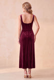 Corset Velvet Burgundy Sheath Ruched Square Neck Midi Wedding Guest Dress