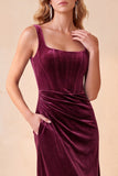 Corset Velvet Burgundy Sheath Ruched Square Neck Midi Wedding Guest Dress