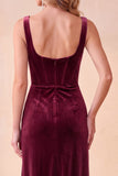 Corset Velvet Burgundy Sheath Ruched Square Neck Midi Wedding Guest Dress