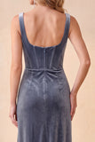 Corset Velvet Burgundy Sheath Ruched Square Neck Midi Wedding Guest Dress