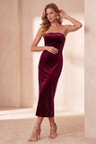 Strapless Sheath Olive Velvet Midi Wedding Guest Dress with Bow