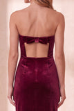 Strapless Sheath Olive Velvet Midi Wedding Guest Dress with Bow