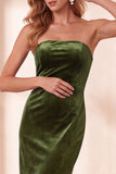 Strapless Sheath Olive Velvet Midi Wedding Guest Dress with Bow