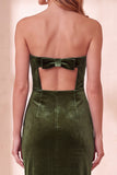 Strapless Sheath Olive Velvet Midi Wedding Guest Dress with Bow