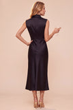 High Neck Sheath Olive Draped Satin Midi Wedding Guest Dress