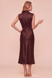 High Neck Sheath Olive Draped Satin Midi Wedding Guest Dress