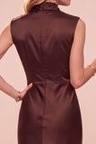 High Neck Sheath Olive Draped Satin Midi Wedding Guest Dress