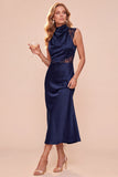 High Neck Sheath Olive Draped Satin Midi Wedding Guest Dress