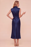 High Neck Sheath Olive Draped Satin Midi Wedding Guest Dress
