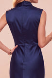 High Neck Sheath Olive Draped Satin Midi Wedding Guest Dress