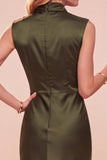 High Neck Sheath Olive Draped Satin Midi Wedding Guest Dress