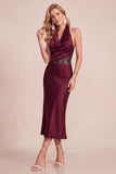 Halter Peacock Green Draped Satin Midi Wedding Guest Dress