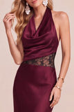 Halter Peacock Green Draped Satin Midi Wedding Guest Dress
