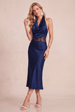 Halter Peacock Green Draped Satin Midi Wedding Guest Dress