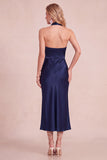 Halter Peacock Green Draped Satin Midi Wedding Guest Dress