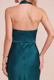Halter Peacock Green Draped Satin Midi Wedding Guest Dress