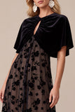A Line Black Floral Velvet Midi Wedding Guest Dress With Cape Sleeves