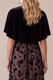 A Line Black Floral Velvet Midi Wedding Guest Dress With Cape Sleeves