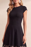Black Floral A Line Cap Sleeve Midi Wedding Guest Dress