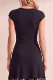 Black Floral A Line Cap Sleeve Midi Wedding Guest Dress