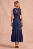 Round Neck Mermaid Lace Dark Blue Midi Formal Dress