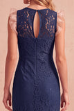 Round Neck Mermaid Lace Dark Blue Midi Formal Dress