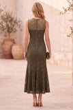 Round Neck Mermaid Lace Dark Blue Midi Formal Dress