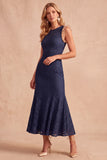 Mermaid Lace Boat Neck Dark Blue Midi Wedding Guest Dress