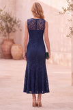 Mermaid Lace Boat Neck Dark Blue Midi Wedding Guest Dress
