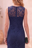 Mermaid Lace Boat Neck Dark Blue Midi Wedding Guest Dress