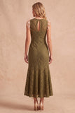 Mermaid Lace Boat Neck Dark Blue Midi Wedding Guest Dress