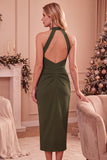 Halter Sheath Dark Blue Ruched Midi Wedding Guest Dress