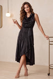 A Line Black Cowl Neck High-Low Holiday Party Dress With Pockets