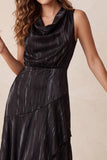A Line Black Cowl Neck High-Low Holiday Party Dress With Pockets