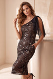 One Shoulder Sequins Coffee Sheath Midi Holiday Party Dress