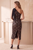 One Shoulder Sequins Coffee Sheath Midi Holiday Party Dress