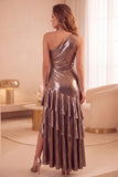One Shoulder Metallic Coffee A Line Tiered Midi Holiday Party Dress