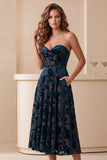 Strapless A Line Burnout Velvet Navy Midi Holiday Party Dress With Pockets
