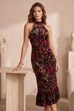 Mermaid Halter Burgundy Burnout Velvet Midi Holiday Party Dress