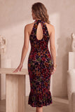 Mermaid Halter Burgundy Burnout Velvet Midi Holiday Party Dress
