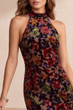 Mermaid Halter Burgundy Burnout Velvet Midi Holiday Party Dress
