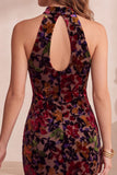 Mermaid Halter Burgundy Burnout Velvet Midi Holiday Party Dress