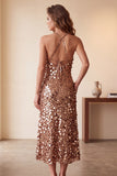 Halter Coffee Sequins A-Line Midi Holiday Party Dress