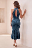 Halter Mermaid Lake Blue Floral Velvet Midi Holiday Party Dress