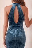 Halter Mermaid Lake Blue Floral Velvet Midi Holiday Party Dress