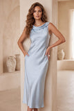 Light Blue Cowl Neck Sheath Satin Midi Holiday Party Dress